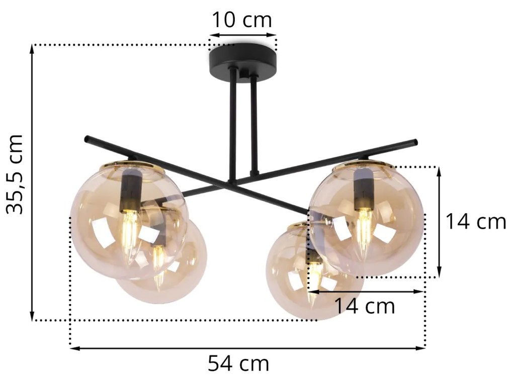 Stropné svietidlo PARIS, 4x medové sklenené tienidlo, G