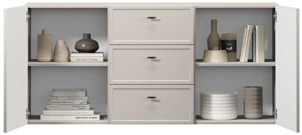 Závesná komoda Lorini 150 cm so zásuvkami - kašmír / čierne úchytky T-bar