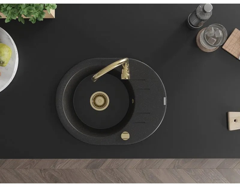 Mexen Kevin, granitový drez 586x458x190 mm, 1-komorový, čierna-strieborná metalíza so zlatým sifónom, 6517581005-73-G