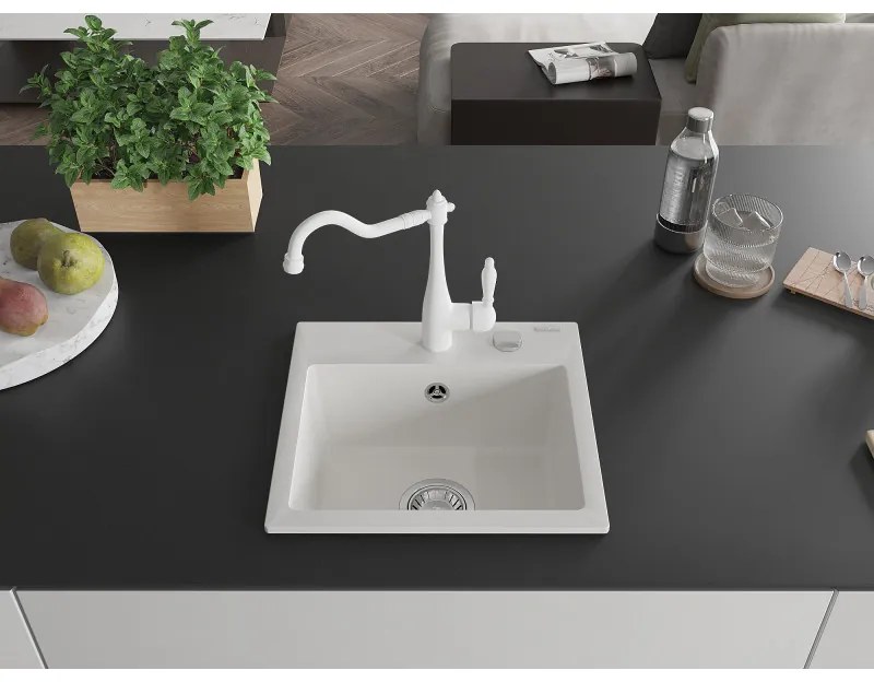Mexen Milo, granitový drez 435x410x171 mm, 1-komorový a drezová batéria Carla, biela, 6505-20-670700-20