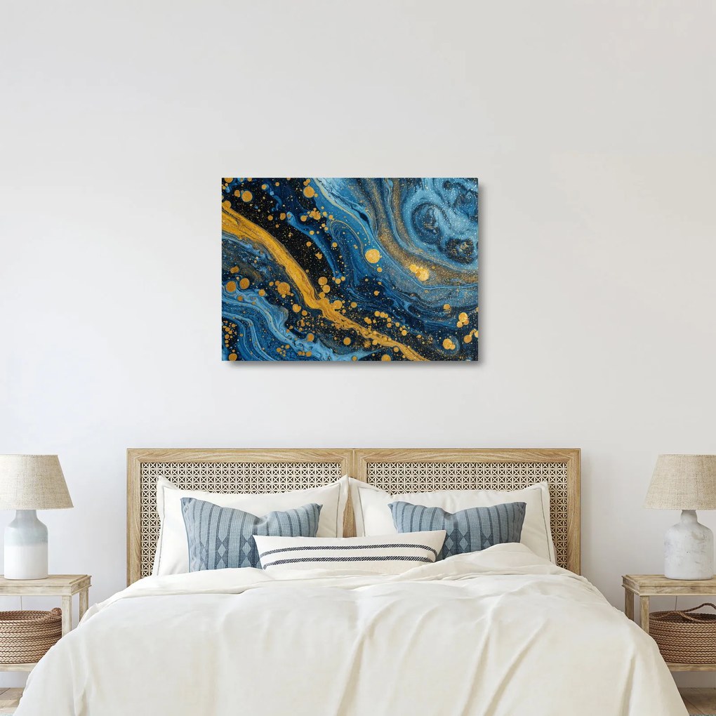 Sklenený obraz - Modrá abstrakcia so zlatom (70x50 cm)