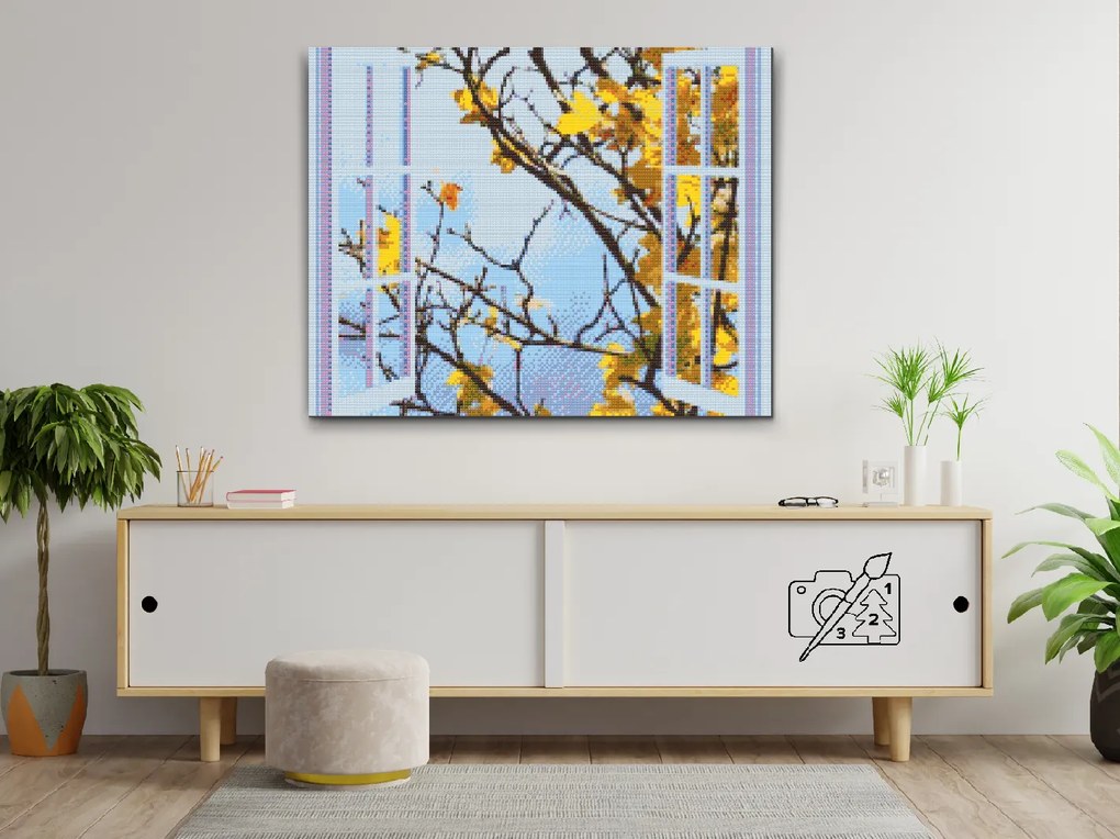 Gario Diamantové maľovanie Jesenné okno Rozmery: 50 x 40 cm, Rámovanie: Iba zrolované plátno, Diamanty: Štvorcové