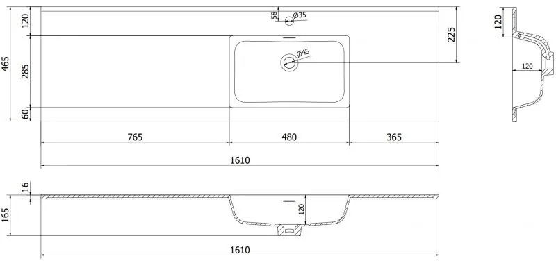 Mexen Otis umývadlo zapustené do dosky, pravé, 161 × 46,5 cm, biela matná, 25181601P