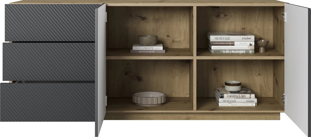 Dvojdverová komoda Asha 167 cm so zásuvkami - dub artisan / matný rivier stone