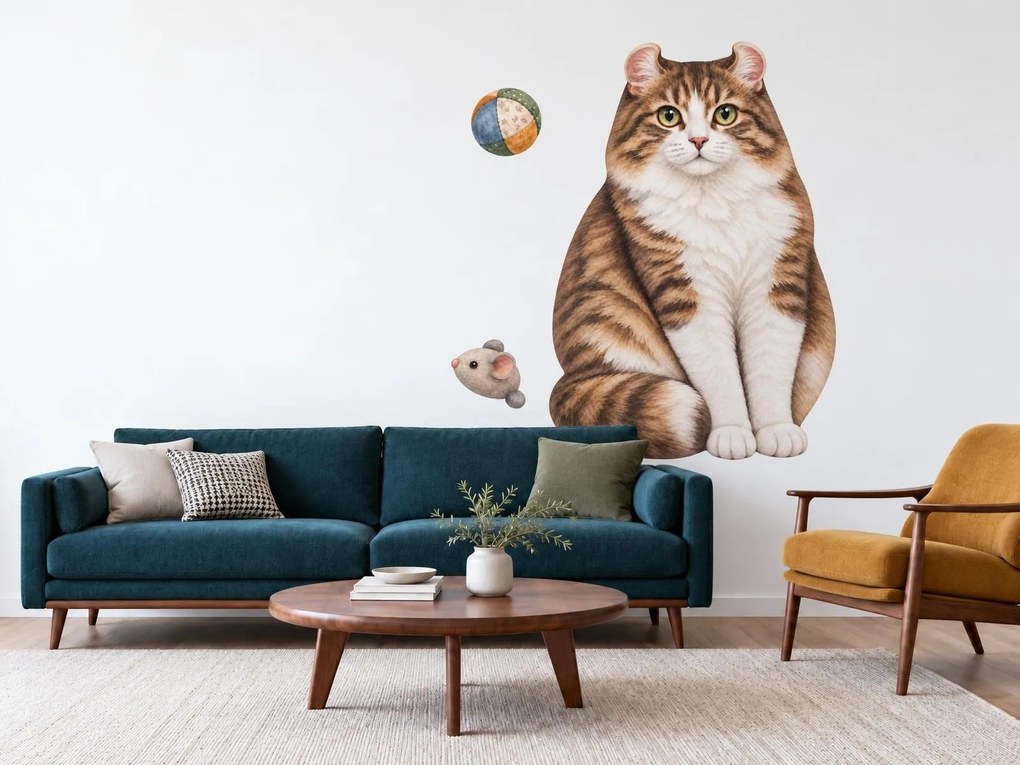 Americký curl s loptičkou a myškou pruhované mačacie nálepky na stenu do spálne arch 31 x 46 cm
