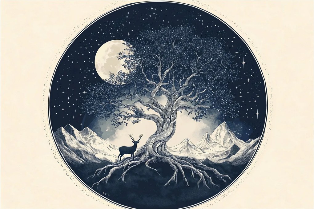 Obraz – Magický strom s jeleňom I. (90x60 cm)