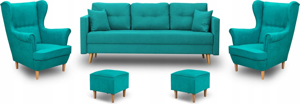 Škandinávsky Set Pohovka Lahti Dve Kreslá Podnožka Tyrkysová