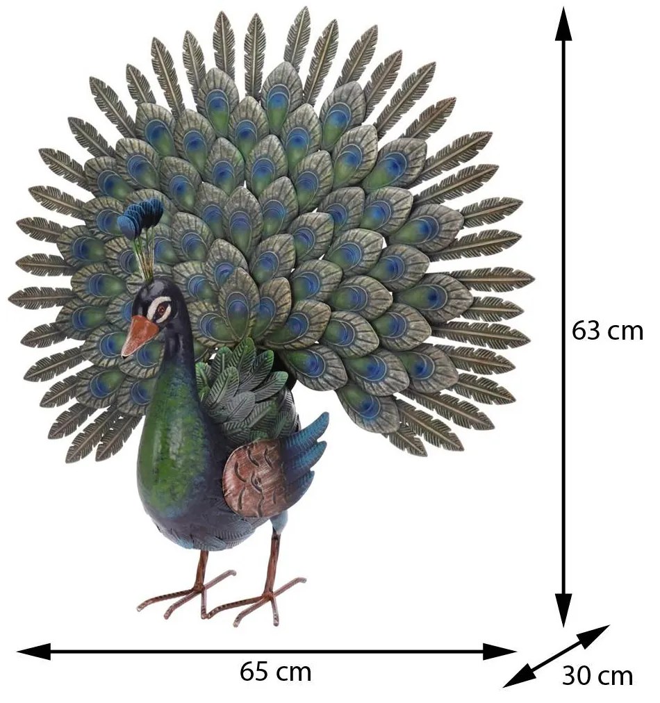 Záhradná kovová figúrka Peacock, 63x65 cm, viacfarebná
