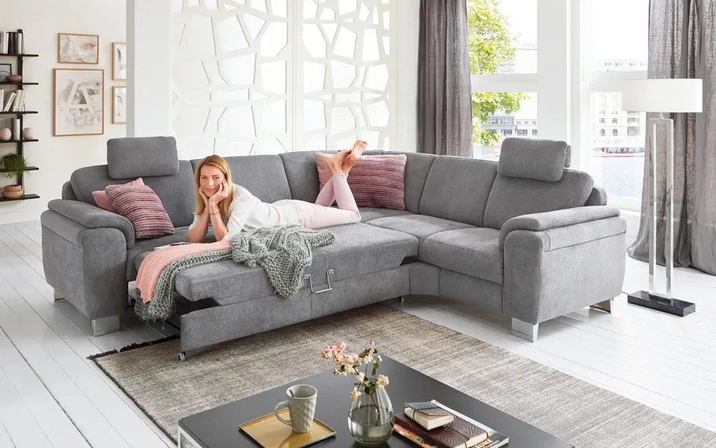 Rohová sedacia súprava s kreslom Omaha, šedá látka, s funkciami