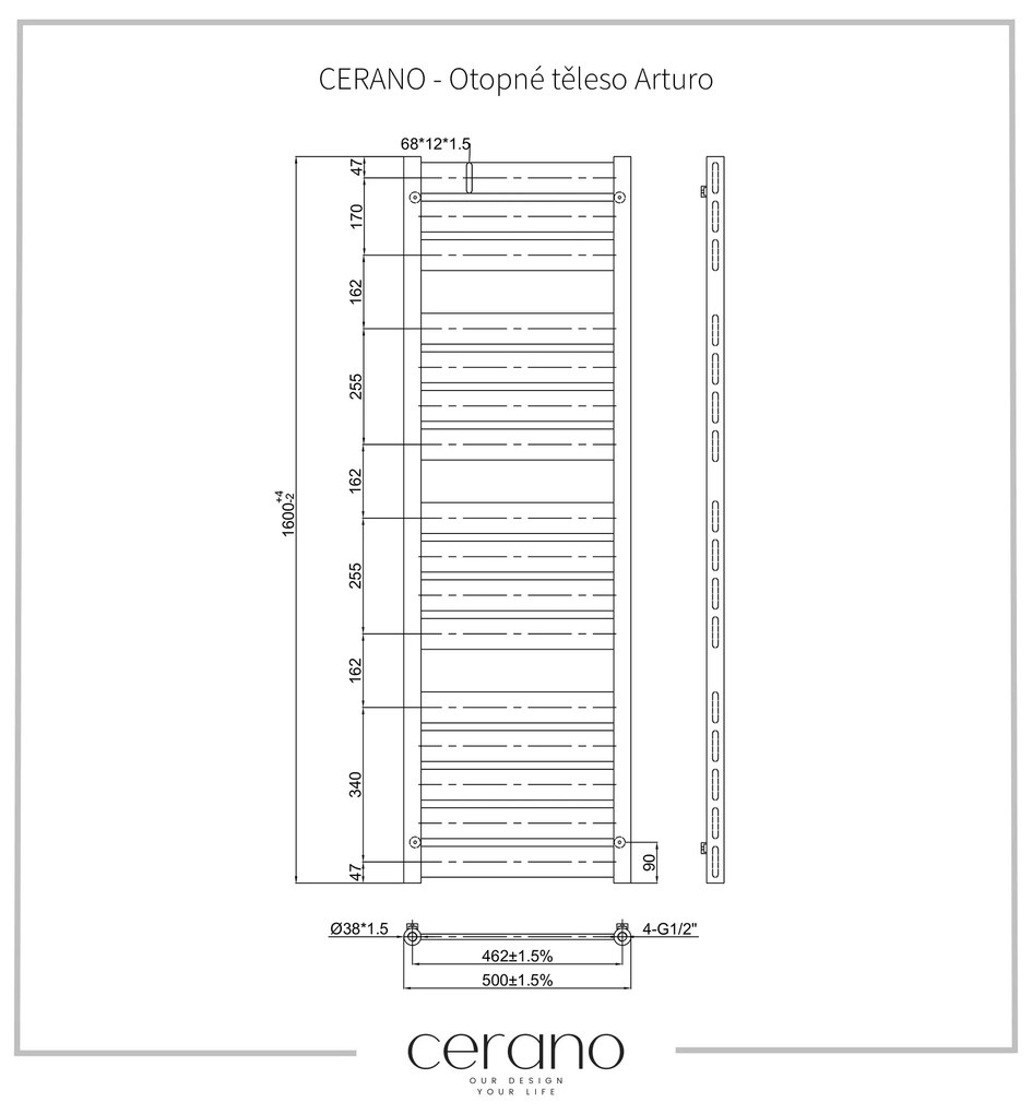 Cerano Cassandra, vykurovacie teleso 1600x500 mm, 859W, rozteč prijenia 462 mm, čierna matná, CER-CER-429628