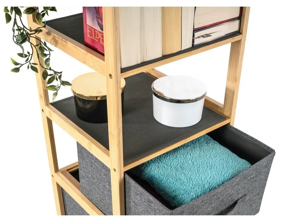 G21 Bambusový regál s košíkmi, 5 políc, sivá, 5 poschodí