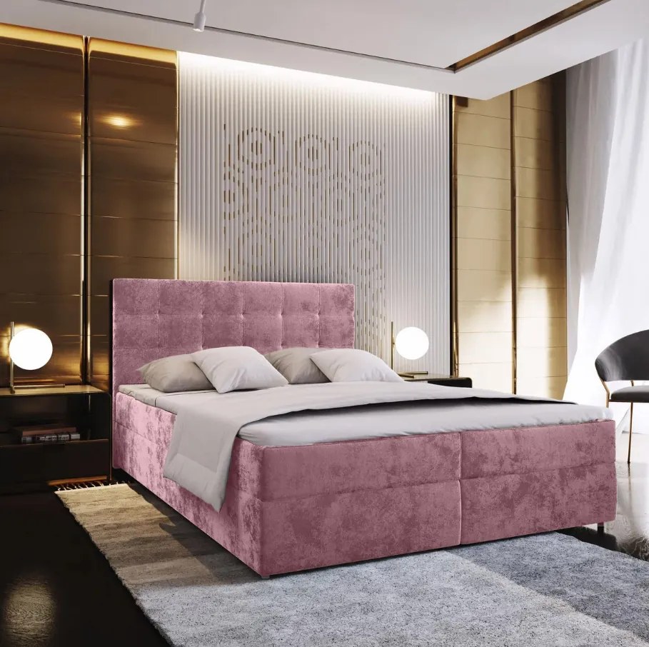 Čalúnená posteľ boxspring GLORIEN VELVET 160x200 cm ružová Matrac: Bonell pružinová matrac