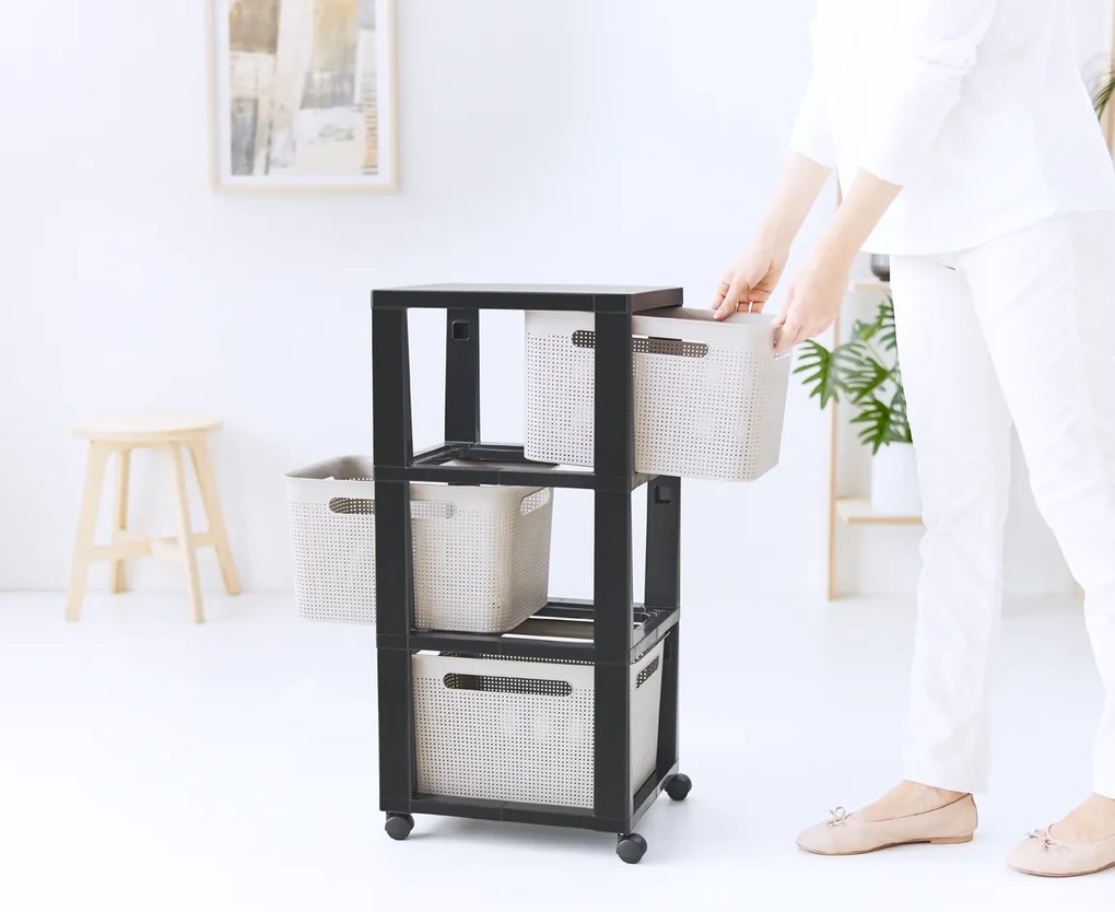 Rotho Pojazdný stojan, regál s 3 košíkmi, BRISEN TOWER, béžová/antracit