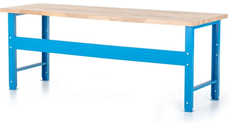 Výškovo nastaviteľný dielenský stôl Basic s čelnou doskou 200 x 80 cm, modrá