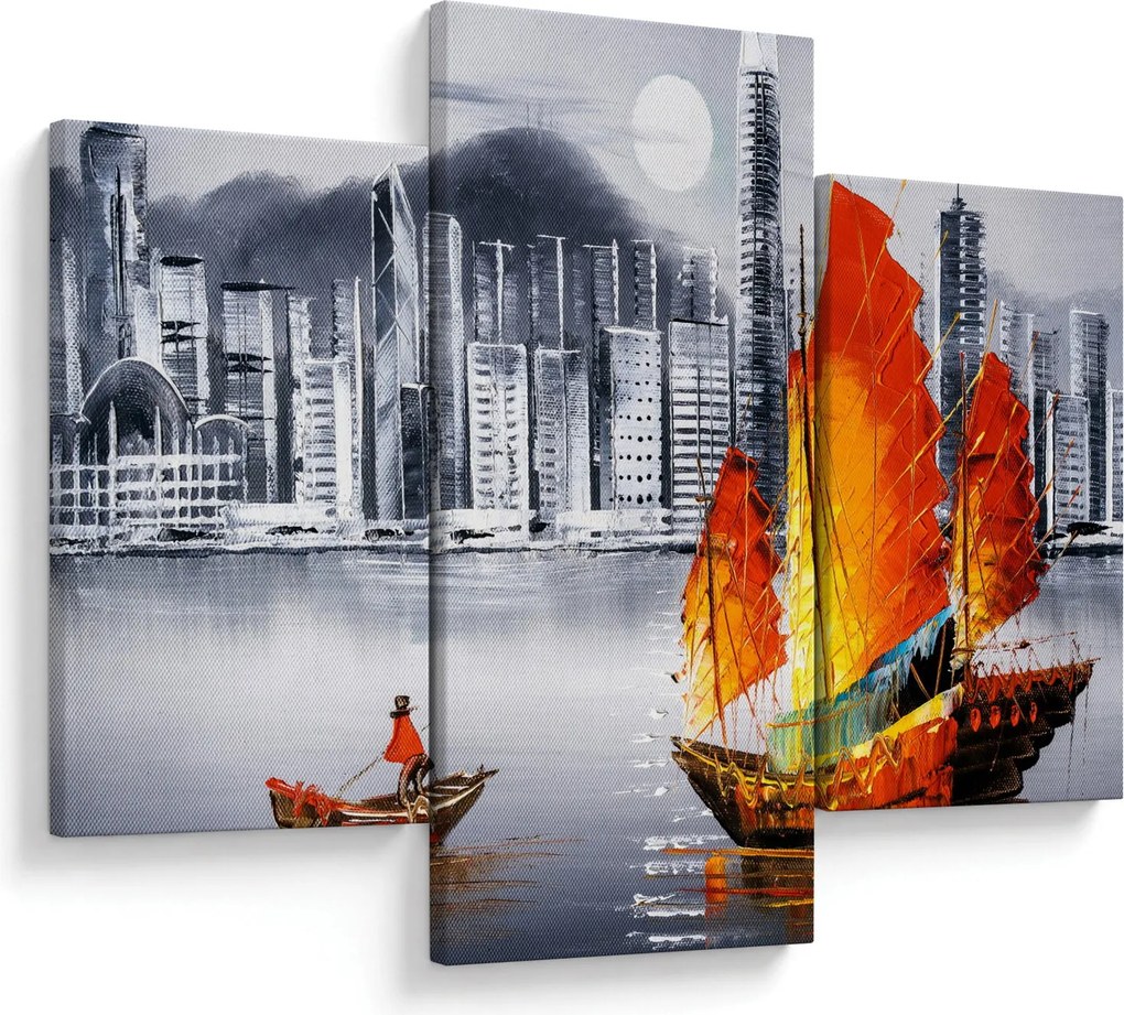 Obraz - Victoria Harbor, Hong Kong, čiernobiela olejomaľba (90x60 cm)