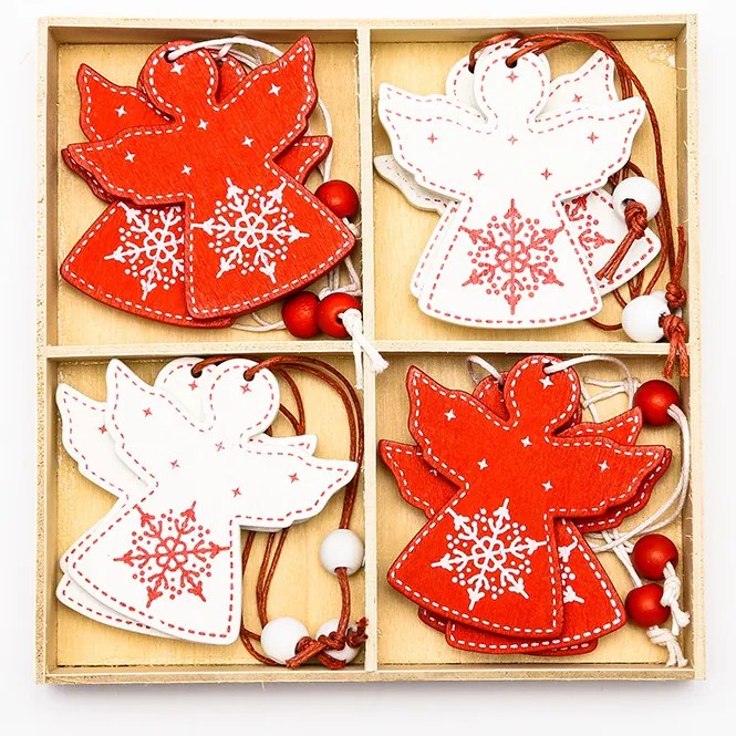 DECOLED Dřevěný anděl, 5x6 cm, červený a bílý, 12ks/bal.