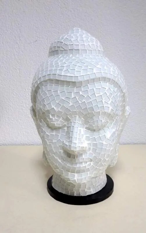 Stolná lampa biela, hlava Buddha,38 cm, ručná práca, mozaika