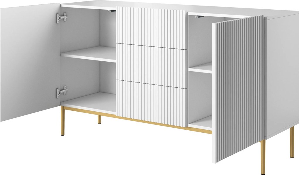 Biela komoda Nicole 150 cm so zásuvkami a ryhovaným čelom - matná biela / zlaté nohy