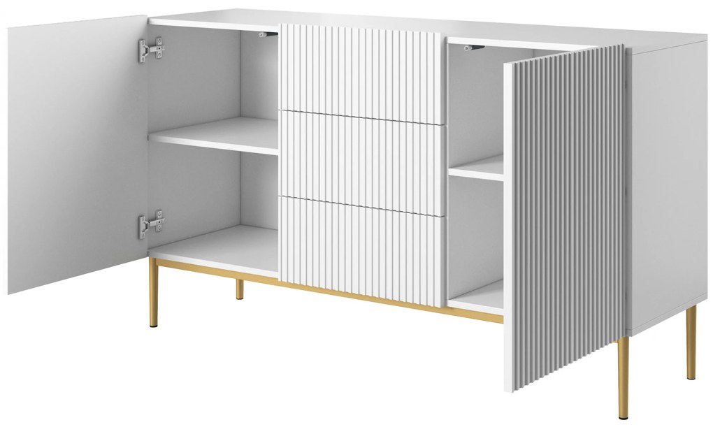 Komoda Nicole 150 cm s 3 zásuvkami - biely mat / zlatá