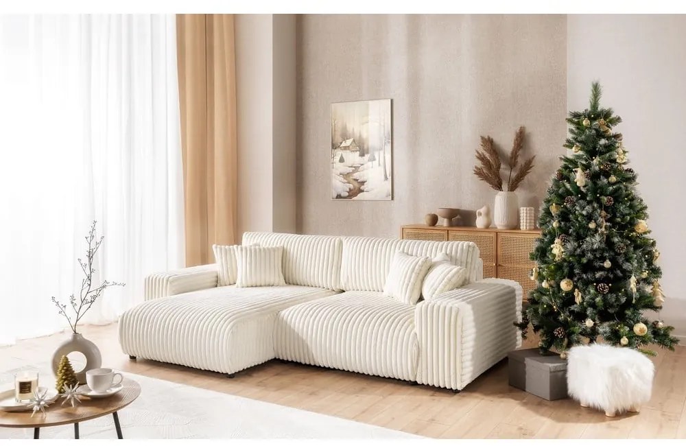 Krémová menčestrová rozkladacia/s úložným priestorom rohová pohovka (ľavý roh) Sarina – Ropez