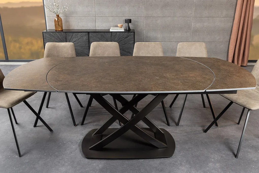Dizajnový jedálenský stôl INCEPTION 130-190 cm rozkladací s bronzovým regálom, oválny, keramický, hrdzavý vzhľad