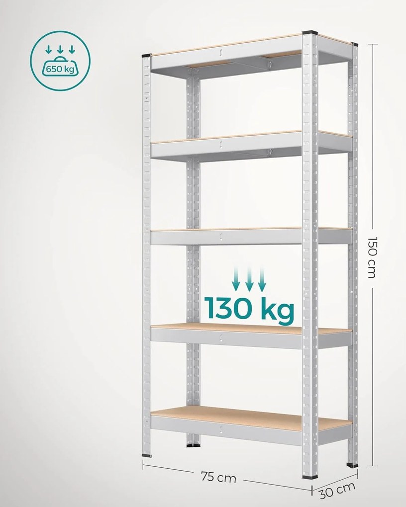5-úrovňový policový diel, oceľový regál s vysokou nosnosťou do 650 kg, strieborný