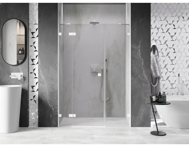 Mexen Lunar, ľavé otočné sprchové dvere 145 cm, 8mm číre sklo, biely profil, 834S-145-050-20-00-L