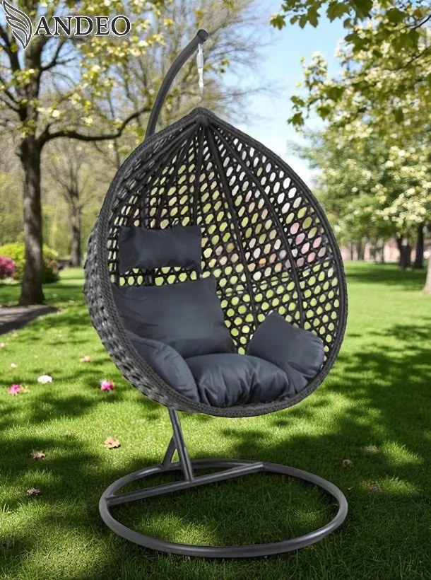 Závesné hojdacie kreslo PORTO EXTRA, nosnosť 150 kg - čierne + sivé vankúše