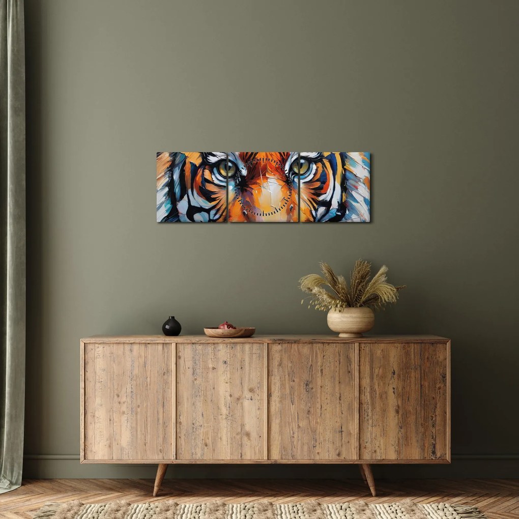 Obraz - Pohľad tigra, maľba (s hodinami) (90x30 cm)