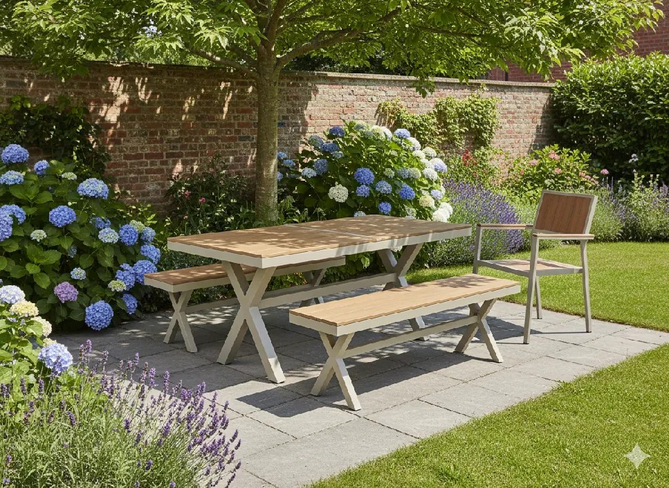 CH Béžová záhradná hliníková lavica Beno