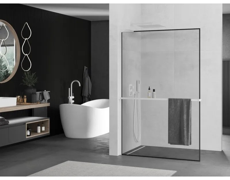 Mexen Kioto+ L, sprchová zástena Walk-In s poličkou a vešiakom 50 x 200 cm, 8mm číre sklo čierny vzor, biely profil, 800-050-123-20-70