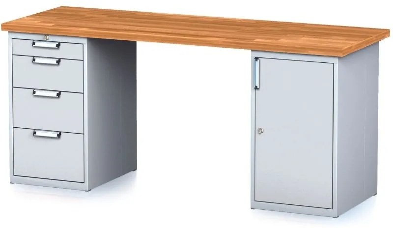 Alfa 3 Dielenský stôl MECHANIC I so zásuvkovým boxom a skrinkou na náradie miesto nôh, 4 zásuvky, 2000 x 685 x 880 mm, sivé dvere