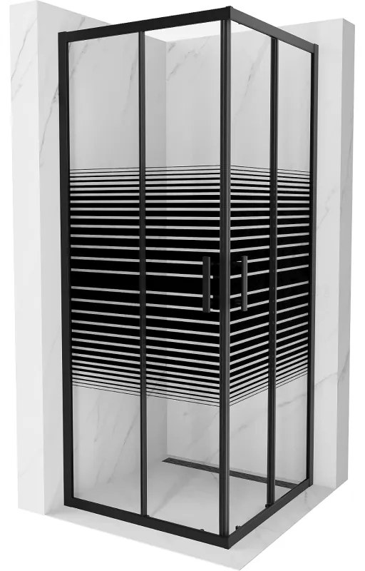 Mexen Rio, štvorcový sprchovací kút s posuvnými dverami 80(dvere) x 80(dvere) x 190 cm, 6mm číre sklo s pásikmi, čierny profil, 860-080-080-70-20