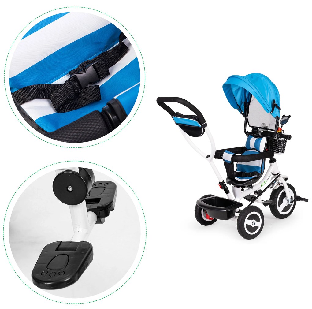 Trojkolka s otočnou strieškou odolné gumové kolieska modrá ECOTOYS