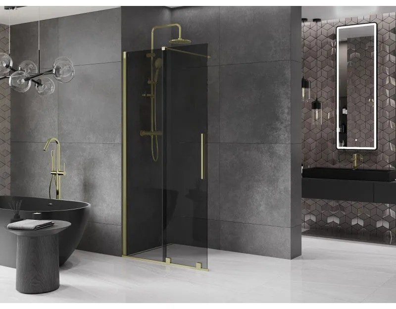 Mexen Velar, sprchová zástena s posuvnými dverami Walk-in 110 x 200 cm, 8mm šedé sklo, zlatá matná, 871-110-000-43-55