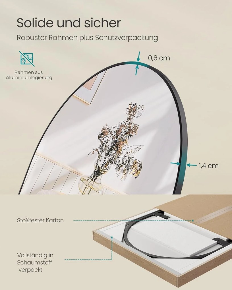 Zrkadlo v plnej dĺžke, zaoblené stojace zrkadlo, 160 x 50 cm, čierny rám