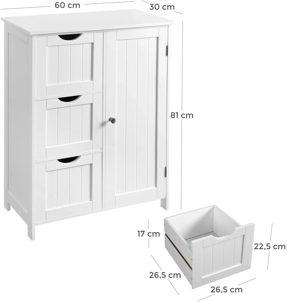 VASAGLE Kúpeľňová skrinka 3 zásuvky biela 60 x 81 x 30 cm