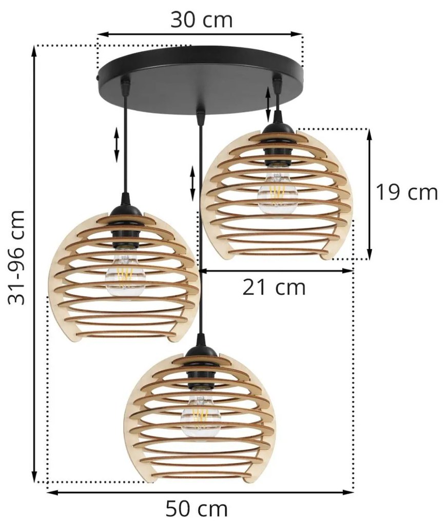 Závesné svietidlo TIMBER, 3x drevené tienidlo, O, N