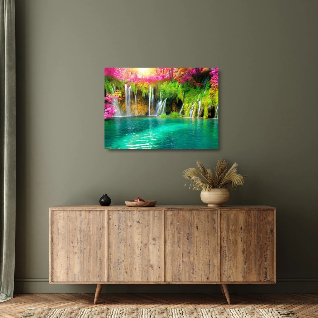 Sklenený obraz - Vodopád, Plitvické jazerá, Chorvátsko (70x50 cm)