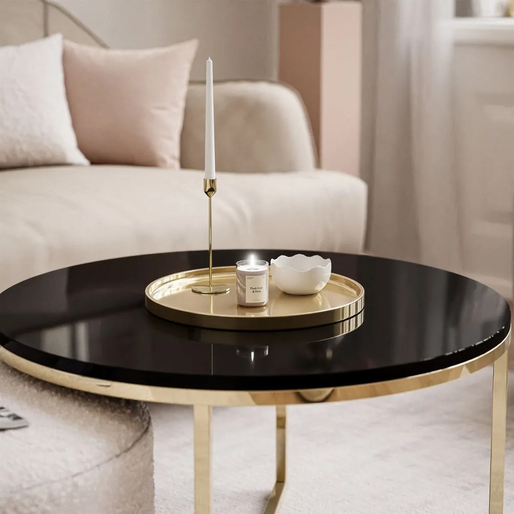 KONFERENČNÝ STOLÍK LEONARDO X ČIERNY LESK + ZLATÝ + TABURET ŠEDÝ