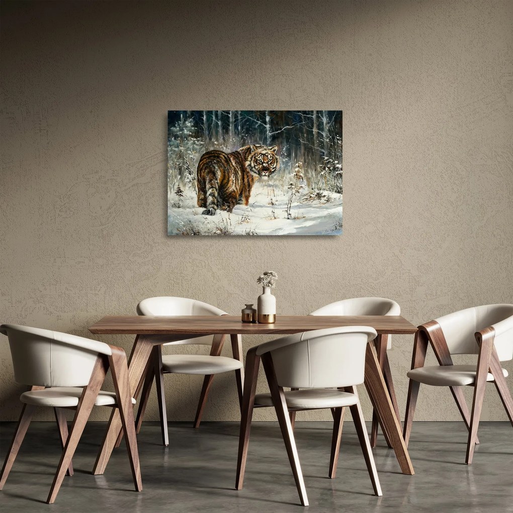 Sklenený obraz - Tiger v zasneženom lese, olejomaľba (70x50 cm)