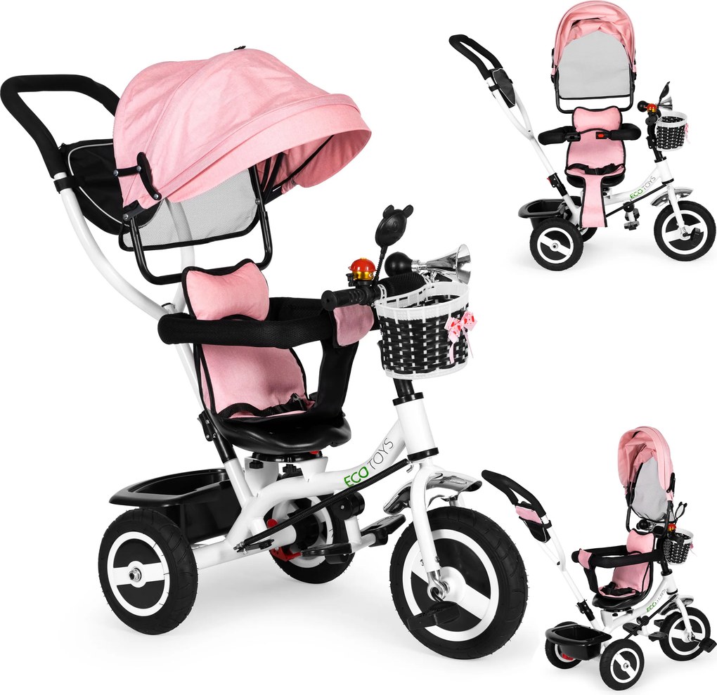 Trojkolka otočná strieška odolné gumové kolesá ružová ECOTOYS