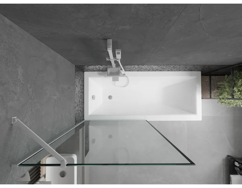 Mexen Next, vaňová zástena 1-krídlová 90 x 150 cm, fixné krídlo, 6 mm číre sklo s čiernym vzorom, biely profil, 895-090-000-00-70-20