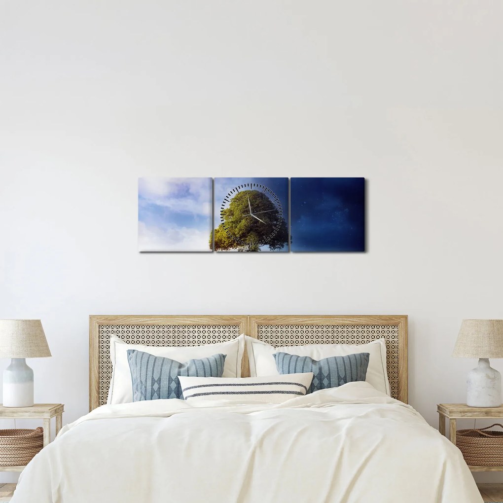 Obraz - Deň a noc (s hodinami) (90x30 cm)