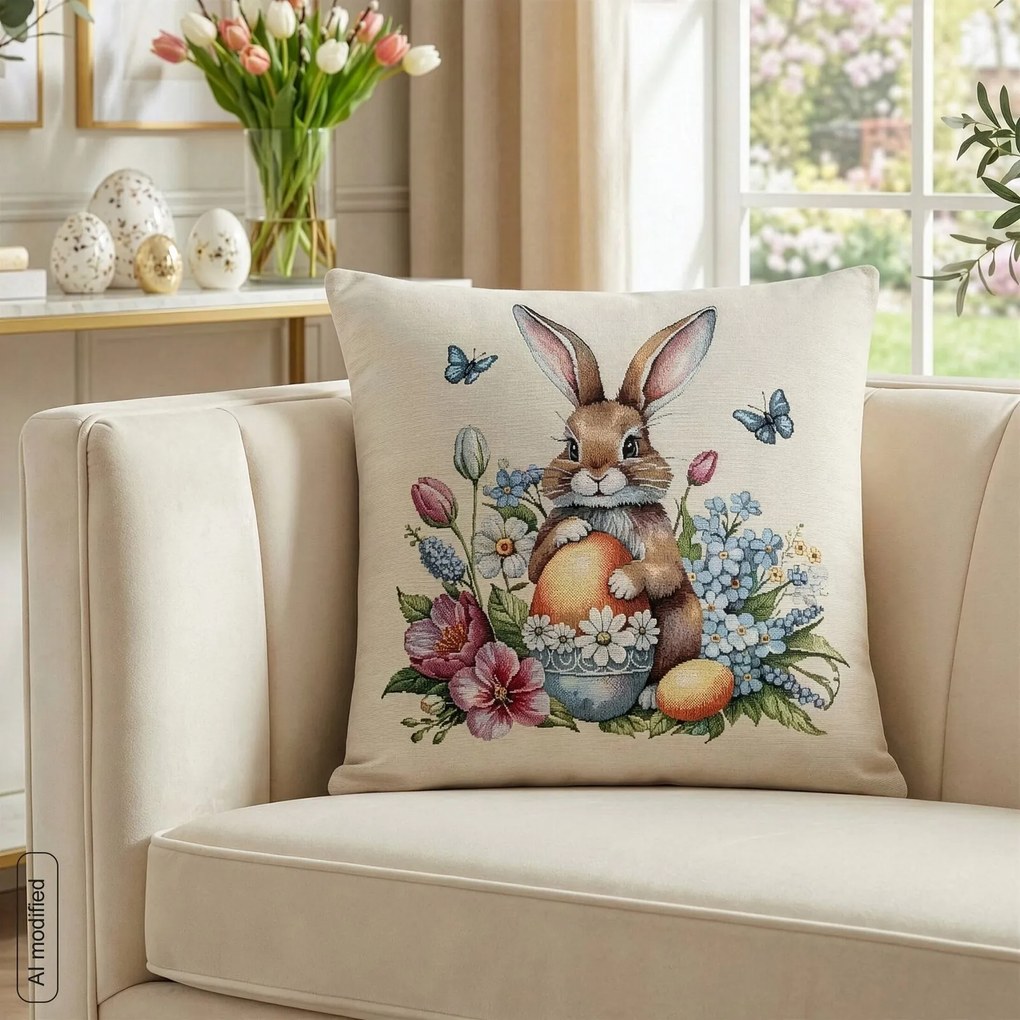 VEĽKONOČNÁ GOBELÍNOVÁ DEKORAČNÁ OBLIEČKA NA VANKÚŠ BUNNY 45X45 CM VZOROVANÁ