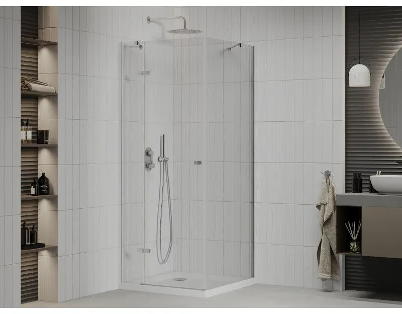 Mexen Roma, sprchovací kút 90 (dvere) x 90 (stena) cm, 6mm číre sklo, chrómový profil + slim sprchová vanička 5cm, 854-090-090-01-00-4010