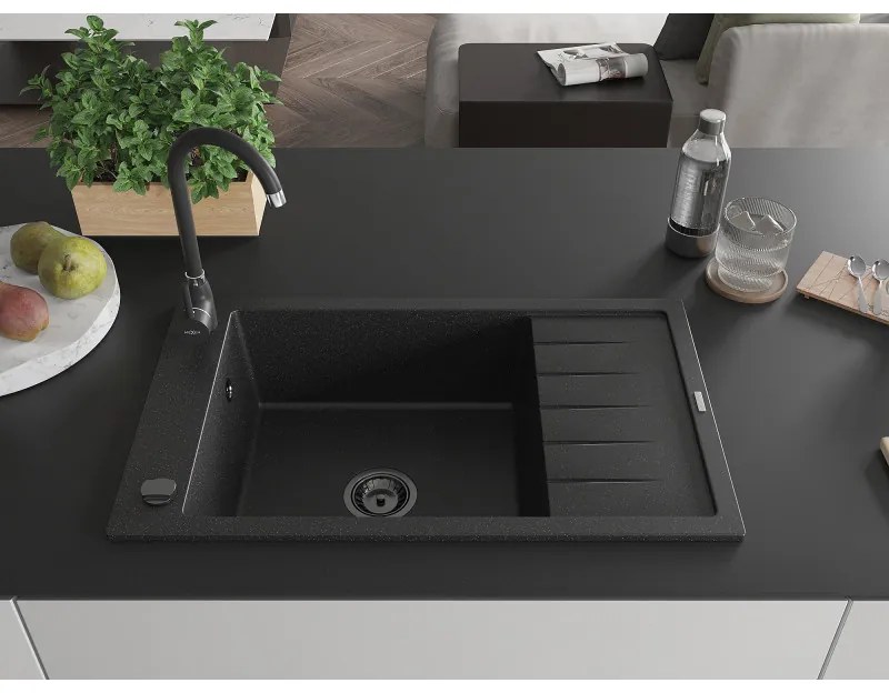 Mexen Elias, granitový drez granitový 795x480x200 mm, 1-komorový, čierna-strieborná metalíza s čiernym sifónom, 6511791005-73-B