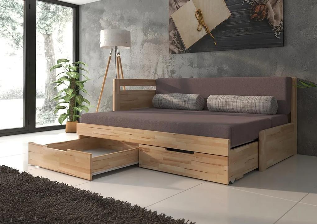 BMB TANDEM KLASIK s roštom a úložným priestorom 90 x 200 cm - rozkladacia posteľ z dubového masívu s pravou podrúčkou, dub masív