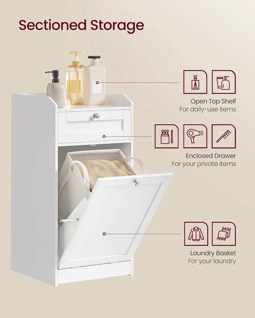 Kúpeľňová skrinka s košom na bielizeň, Odnímateľný kôš na bielizeň, biela