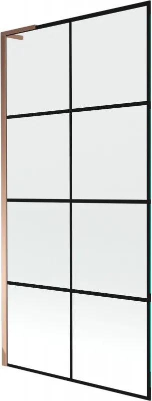 Mexen Next L, 1-krídlová vaňová zástena 90 x 150 cm, 6mm číre sklo-čierny vzor, ružové zlato profil, 895-090-000-03-77-60